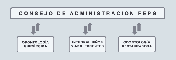 Organigrama: el Consejo de Administración de la Fundación con los tres departamentos académicos debajo